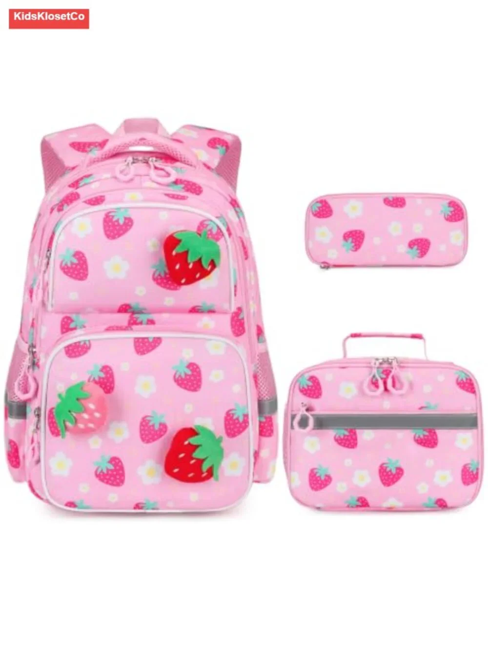 3D Plush Strawberry Backpack Set with Lunch Box & Pencil Case for Girls School